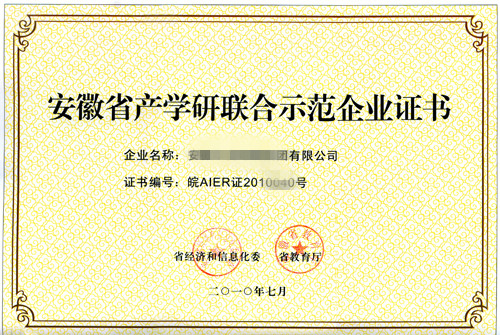 安徽省產(chǎn)學研聯(lián)合示范企業(yè)證書