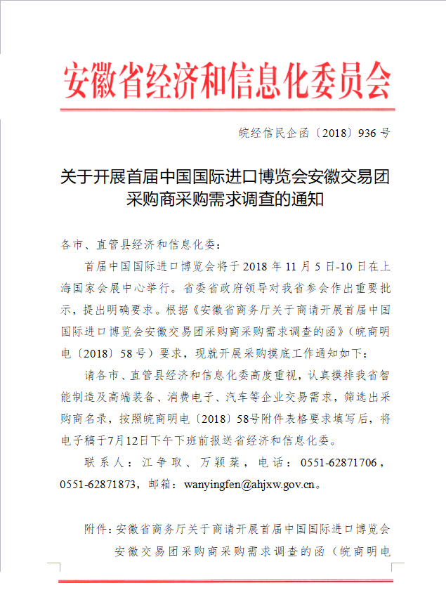 關(guān)于開展首屆中國國際進(jìn)口博覽會安徽交易團(tuán) 采購商采購需求調(diào)查的通知