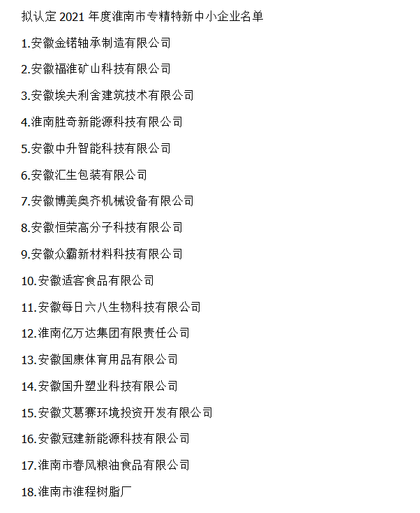 2021淮南市專(zhuān)精特新中小企業(yè)認(rèn)定名單